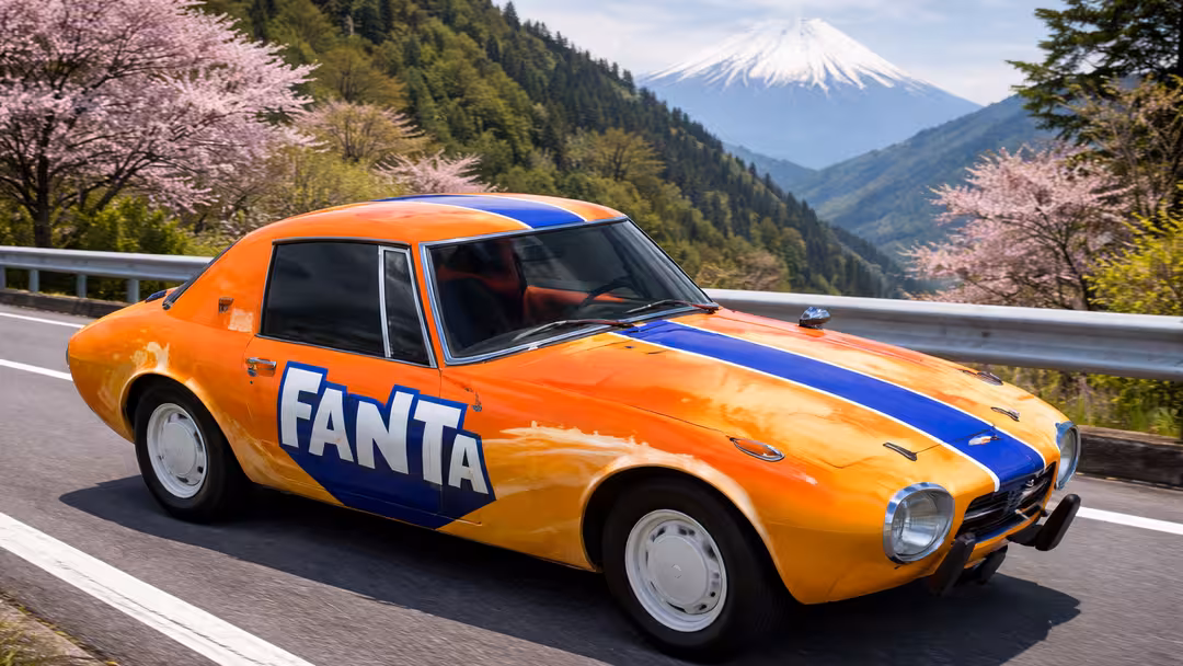 Voiture Fanta sur route montagneuse japonaise